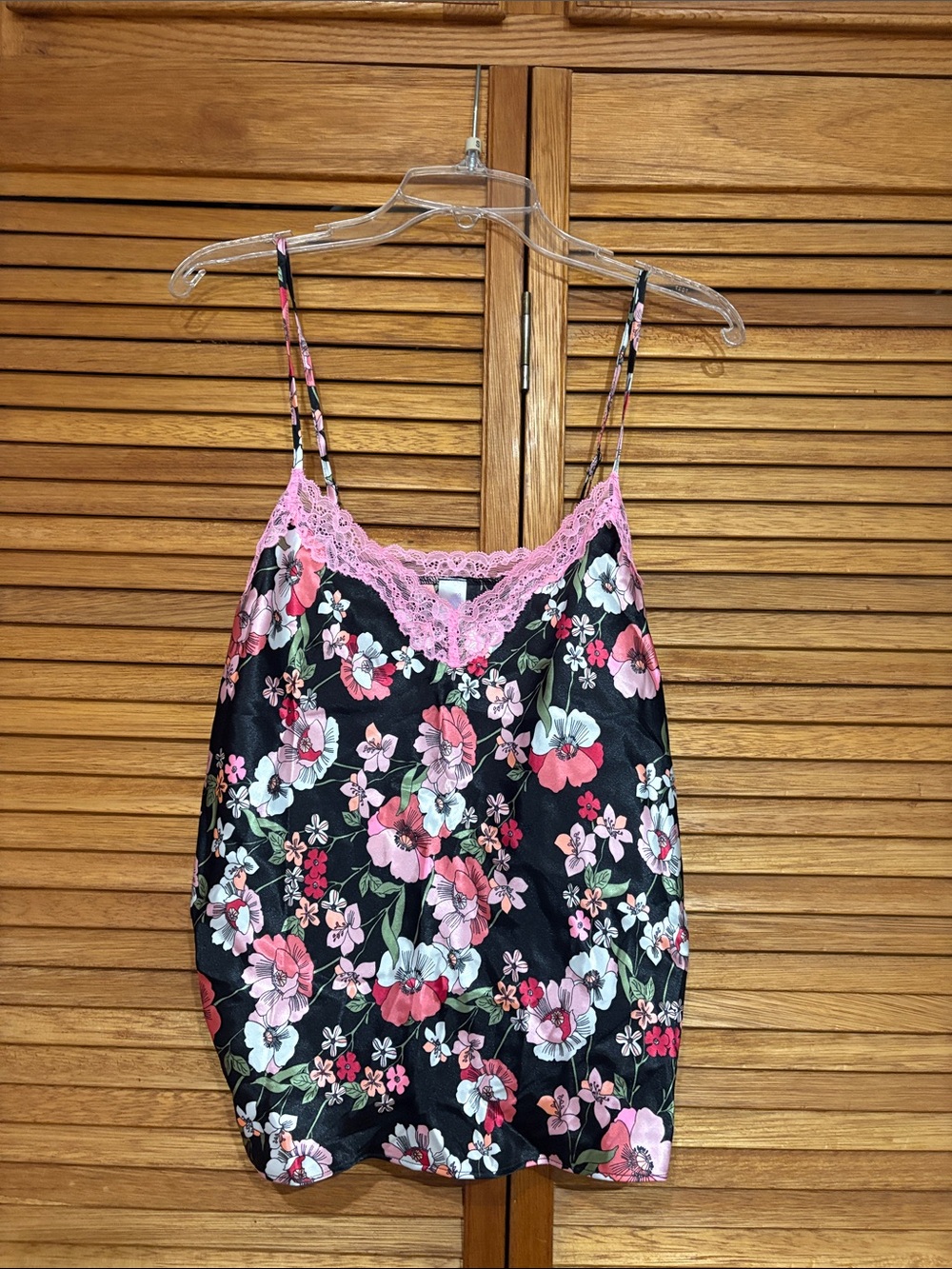 Secret Treasures Black Floral Cami with Pink Lace
